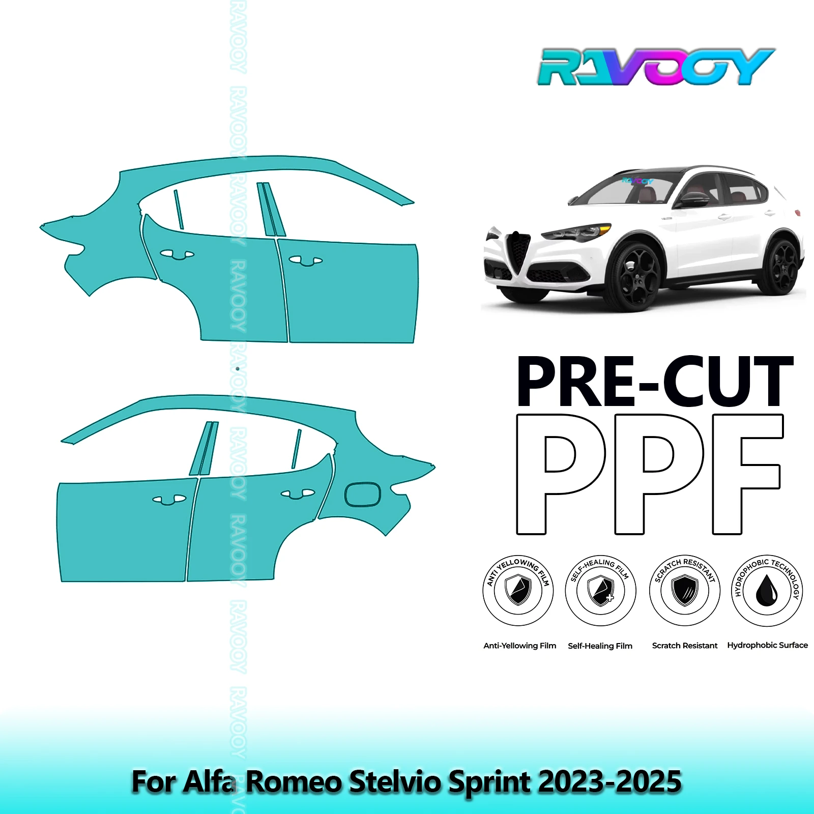 

For Alfa Romeo Stelvio Sprint 2023-2025 8.5mil Clear Matte Pre-Cut PPF Door & A/B Pillar Kit TPU Paint Protection Film Set