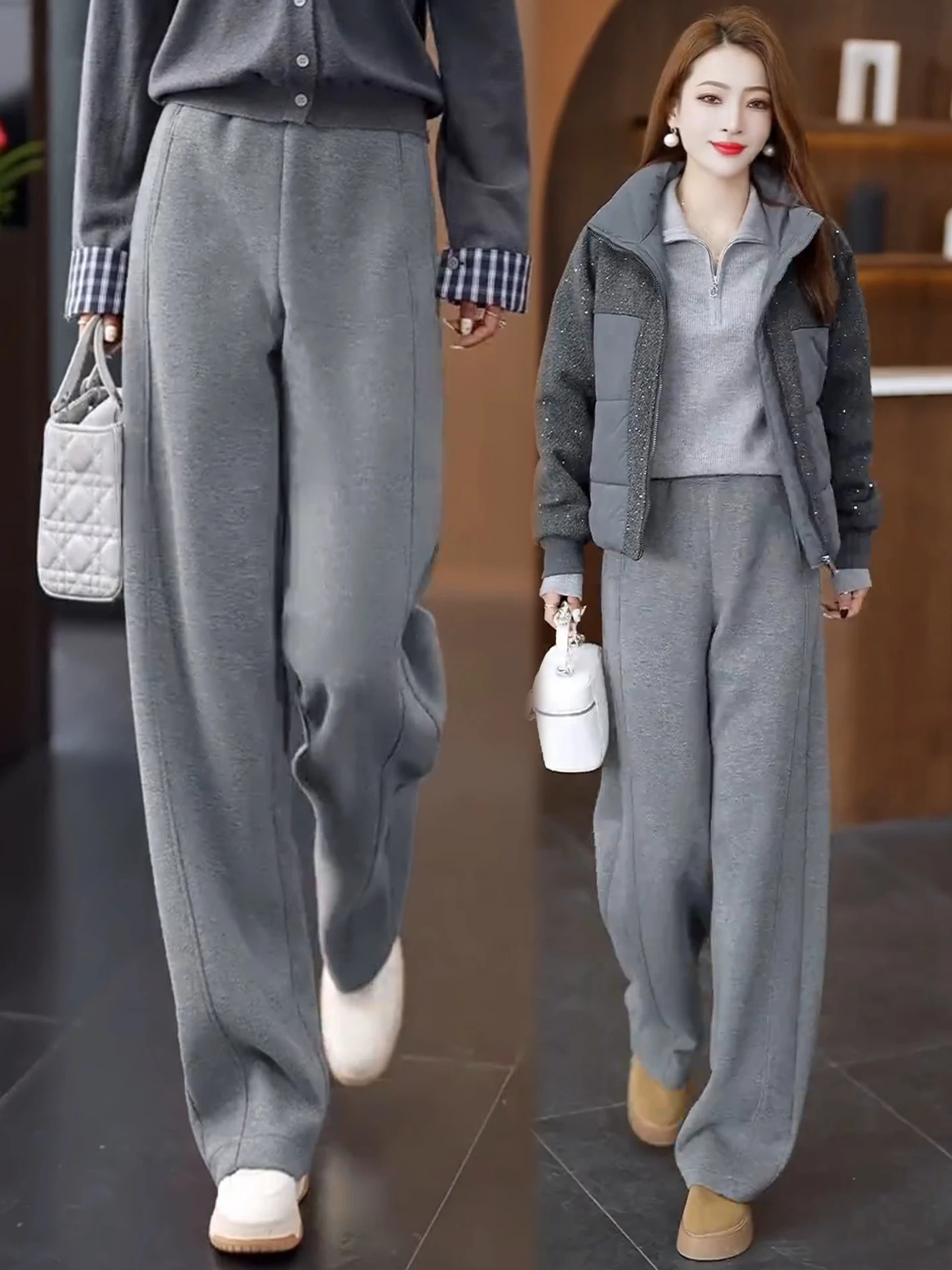 

Acetate Woolen Wide Leg Pants Women's Autumn Winter Loose Elastic High Waist Fleece Lined Casual Slimming Trousers