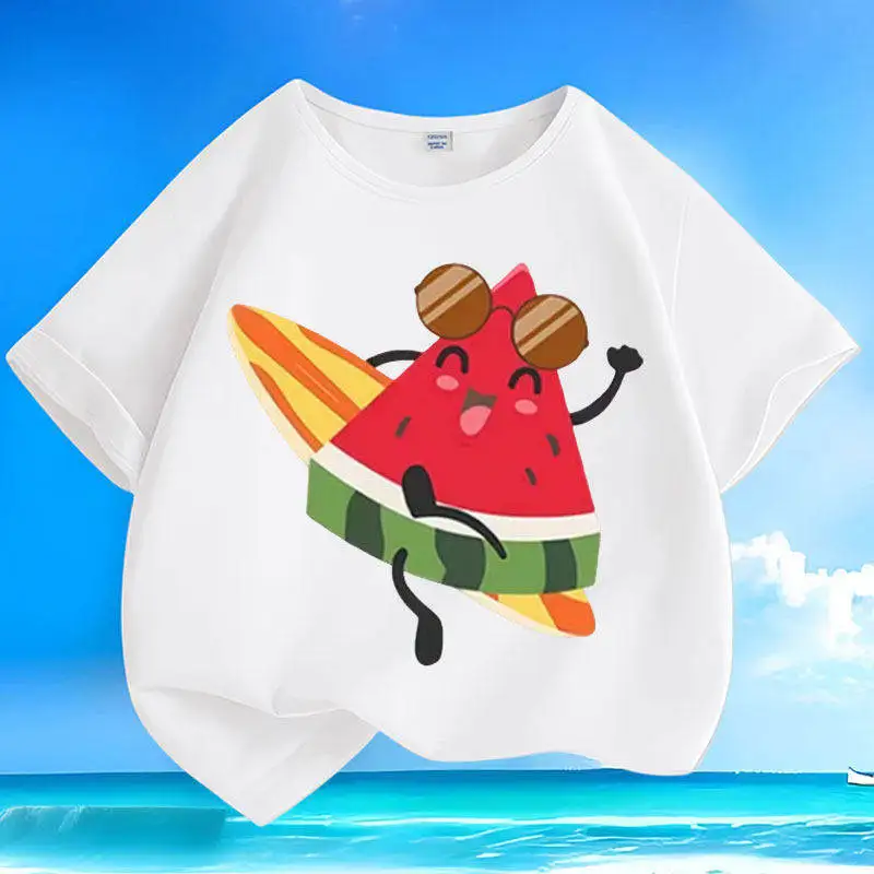 Cotton Summer New Cartoon Surfing Watermelon Short Sleeved Small and Medium-sized Children's Round Neck Loose Parentchild Outfit