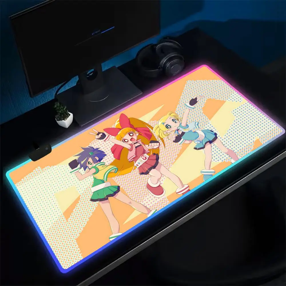 

Game Powerpuff Mouse Pad Anime Gaming Mouse Pad LED Table Pads Backlit Rubber Desktop XXL RGB Desk Mats