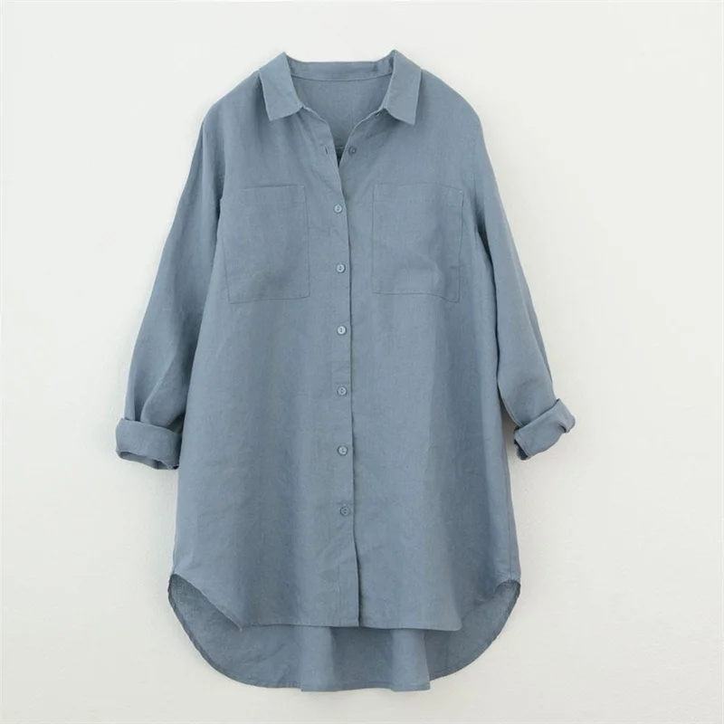 

Women's Shirt Women's Blouse Plus Size Womens Spring and Summer Women's Literary Polo Collar Single-breasted Long-Sleeved Shirt