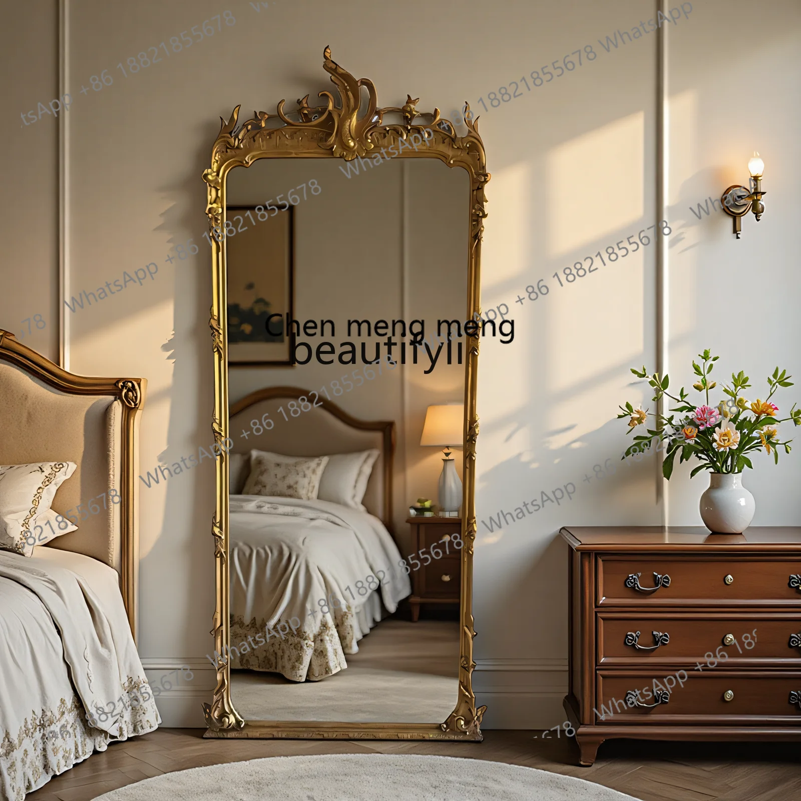 

French Retro Full-Length Mirror Luxurious Floor Mirror American Style Home Bedroom Dressing Mirror European Style