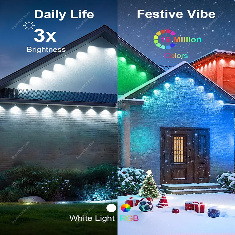 100フィート スマート屋外軒先RGBIC LEDライト Bluetoothアプリ制御 色変更 DIYシーンモード ハウスデコレーション フェスティバル照明