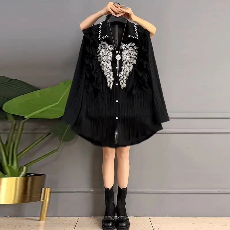 

Stylish Diamonds Beading Shirt Casual Ruffles Spliced Women's Clothing Commute Single-breasted Spring Autumn Lapel Loose Blouse