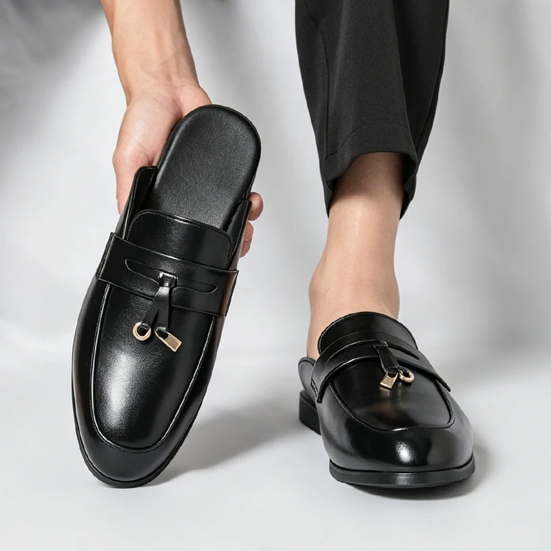 Plus Size 46 Leather Mules Men Half Slippers Backless Casual Shoes Woman Open-back Loafers Slip On Flat Sneakers Slides Sandals