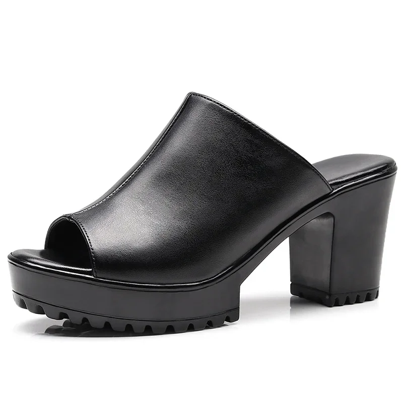 Sexy Small 33-43 Open Head Leather Slippers Women's Platform Shoes Summer 2024 Block High Heels Slides for Office Beach Mom