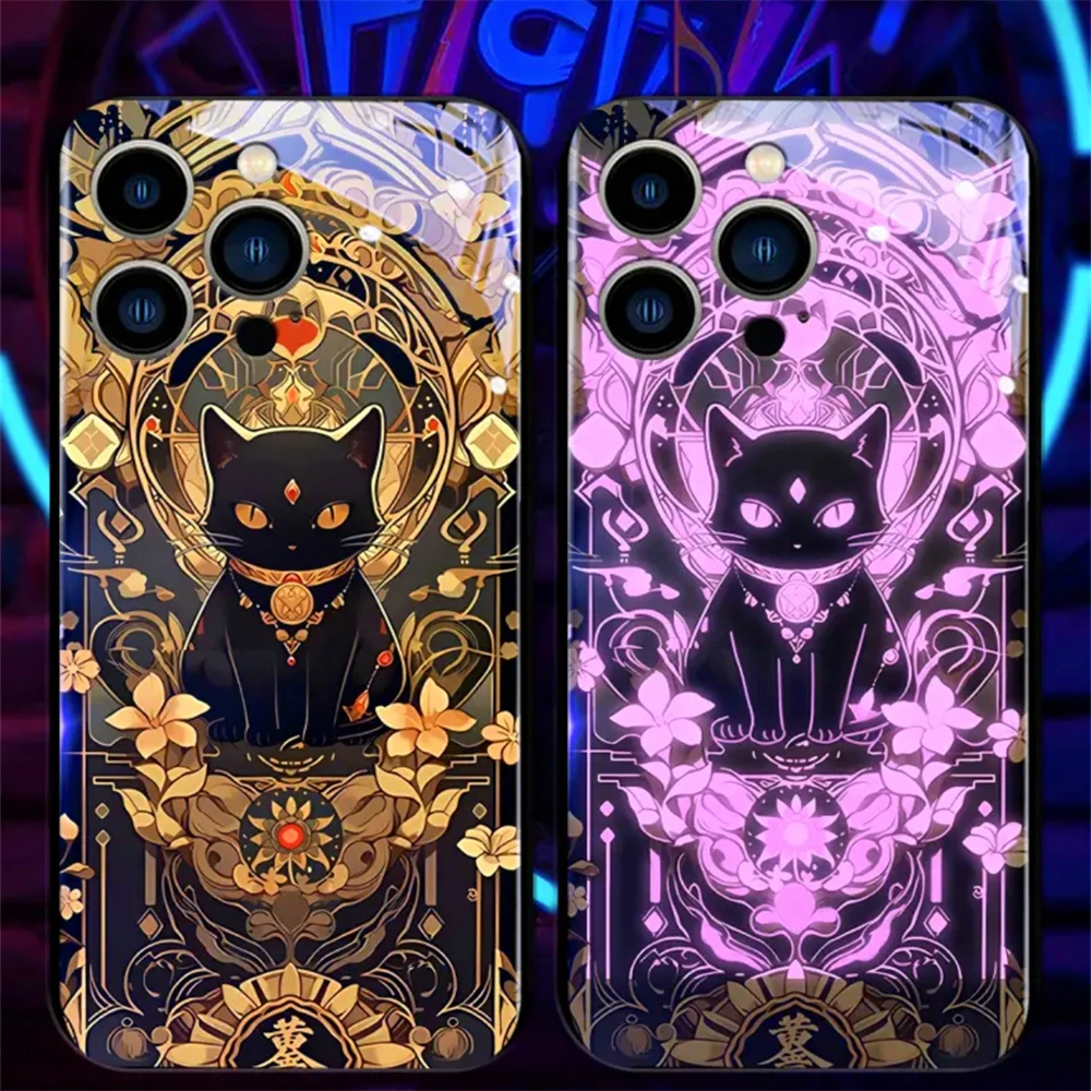 Casing ponsel pola kucing keberuntungan 2025, pelindung tahan guncangan kaca lampu LED, untuk iPhone 16 15 14 13 12 11 Pro Max XR XS Plus