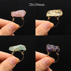 Fashion Natural Stone Rose Quartz Crystal Fluorite Copper Wire Wrapped Adjustable Ring for Women's Jewelry Gift