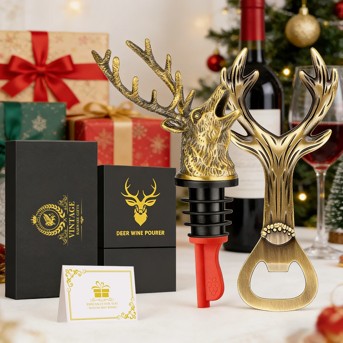 

Metal Antler Bottle Opener and Antler Wine Pourer 2-Piece Set with Gift Box Home Bar Tools Personalized Gifts for Men Dad
