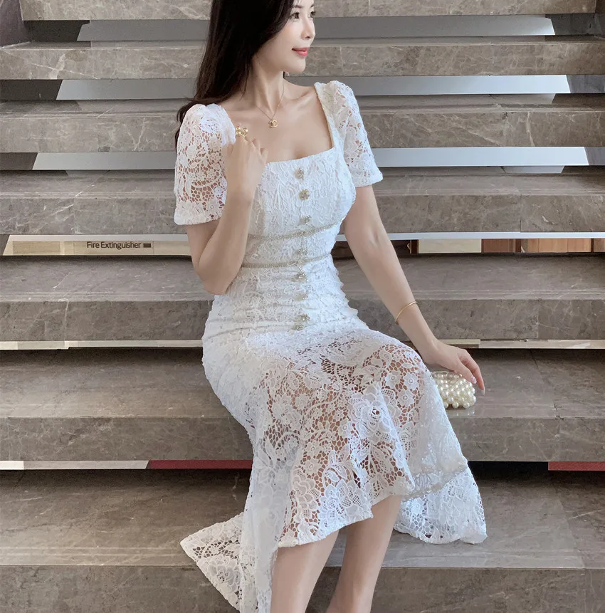 Runway Summer White Lace Square Collar Midi Dress French Summer Diamonds Buttons Hollow Out Embroidery Bodycon Mermaid Clothes