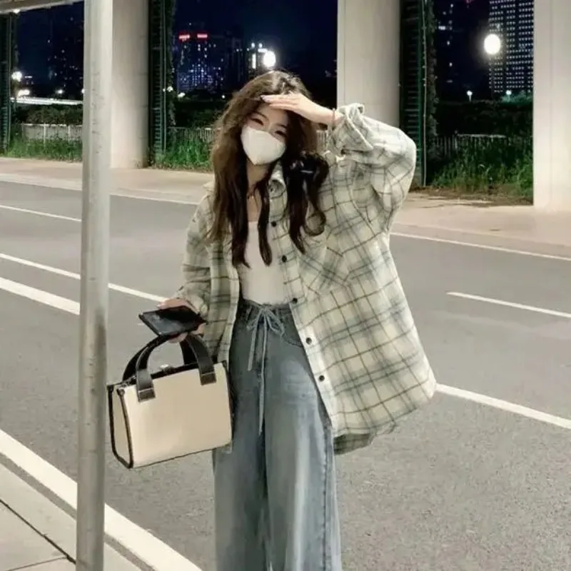 

New Style Women's Thickened Long Sleeve Shirt Outerwear Collar Checkered Pattern Hong Kong Style Casual Cotton Blend