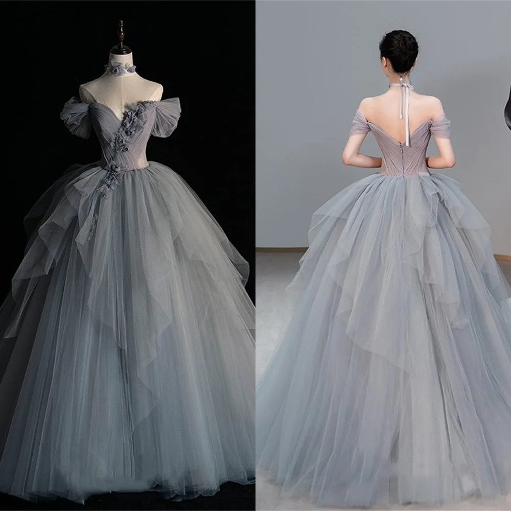 Нежное серое вечернее платье из органзы по индивидуальному заказу, классическое без бретелек с открытыми плечами, без рукавов, на молнии сзади, на заказ