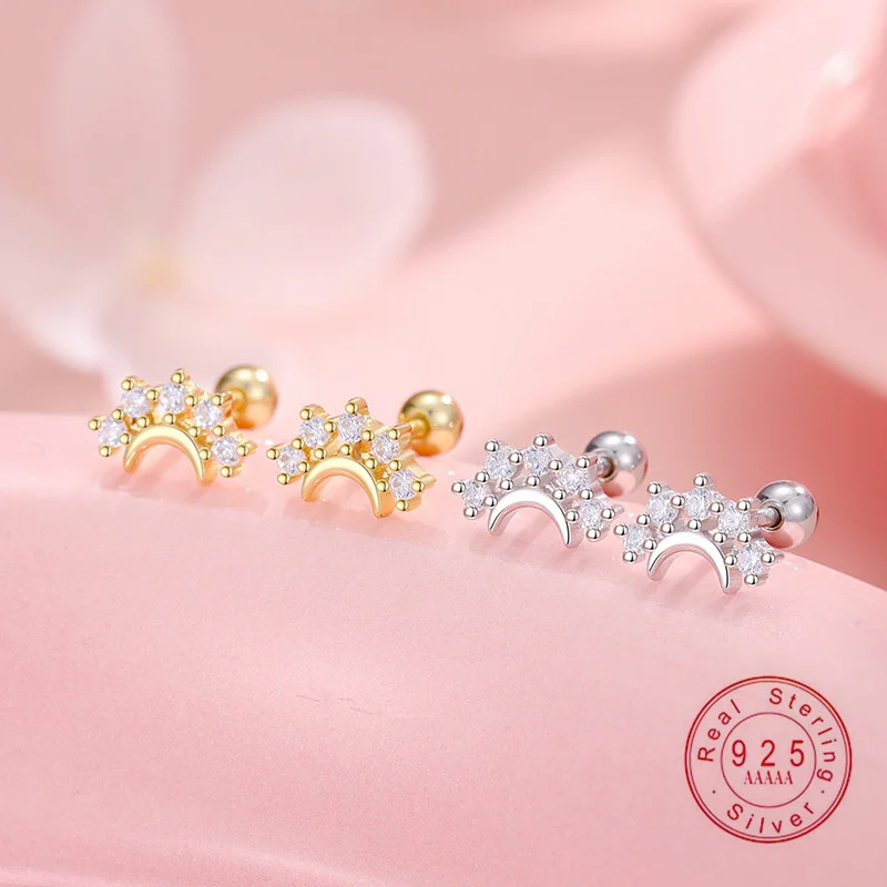 

925 Sterling Silver Moon Star Stud Earrings - Shiny Zircon Inlaid Celestial Ear Jewelry for Women Gold/Silver Fashion Daily