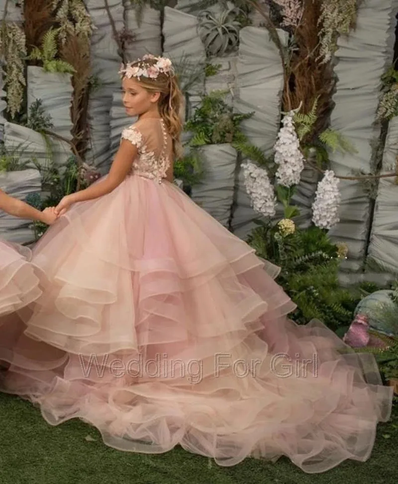 Roze Gelaagde Bloemenmeisje Jurk Bloemen Kant Applique Kinderen Trouwfeestjurken Nieuwe Kinderkleding Prinses Eerste Communie Jurken