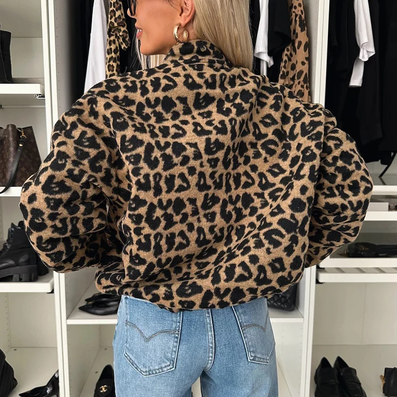 Women Casual Long Sleeve Pocket Coats Elegant Stand Neck Single-breasted Outerwears Fashion Leopard Printed Loose Short Jackets