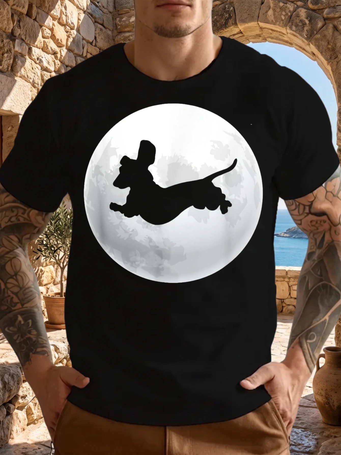 1 Stück lustiges T-Shirt mit Dackel-Silhouette auf dem Mond, 100 % Baumwolle, kurzärmelig, Geschenk-T-Shirt, Rundhalsausschnitt, geeignet für den täglichen Gebrauch im Freien