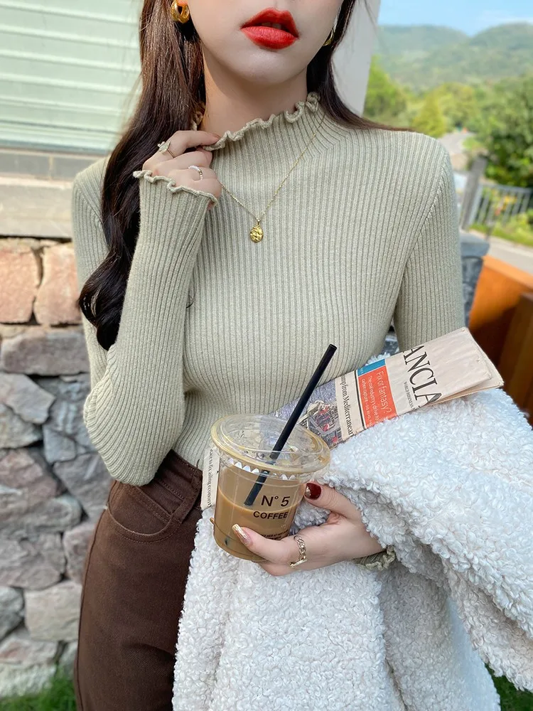 2024 Long Sleeve Ruffles Turtleneck Slim Jumper Soft Warm Pull Femme Autumn Winter Sweater Women Knitted Ribbed Pullover