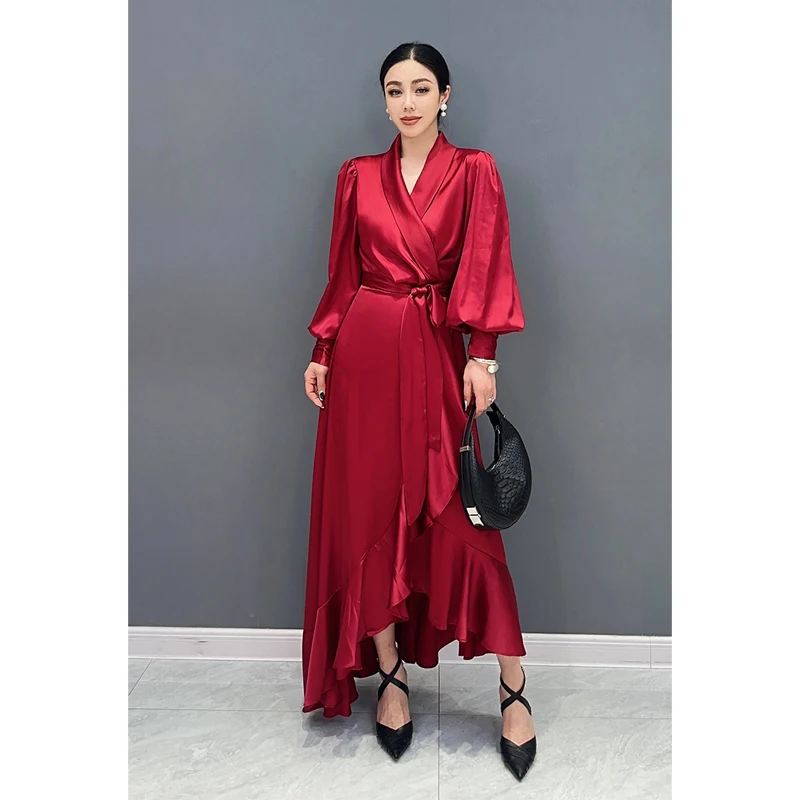 

SuperAen Spring Autumn 2024 New Style Dresses Satin Long Sleeve Ruffled Large Swing Long Dresses Elegant Lady Dresses