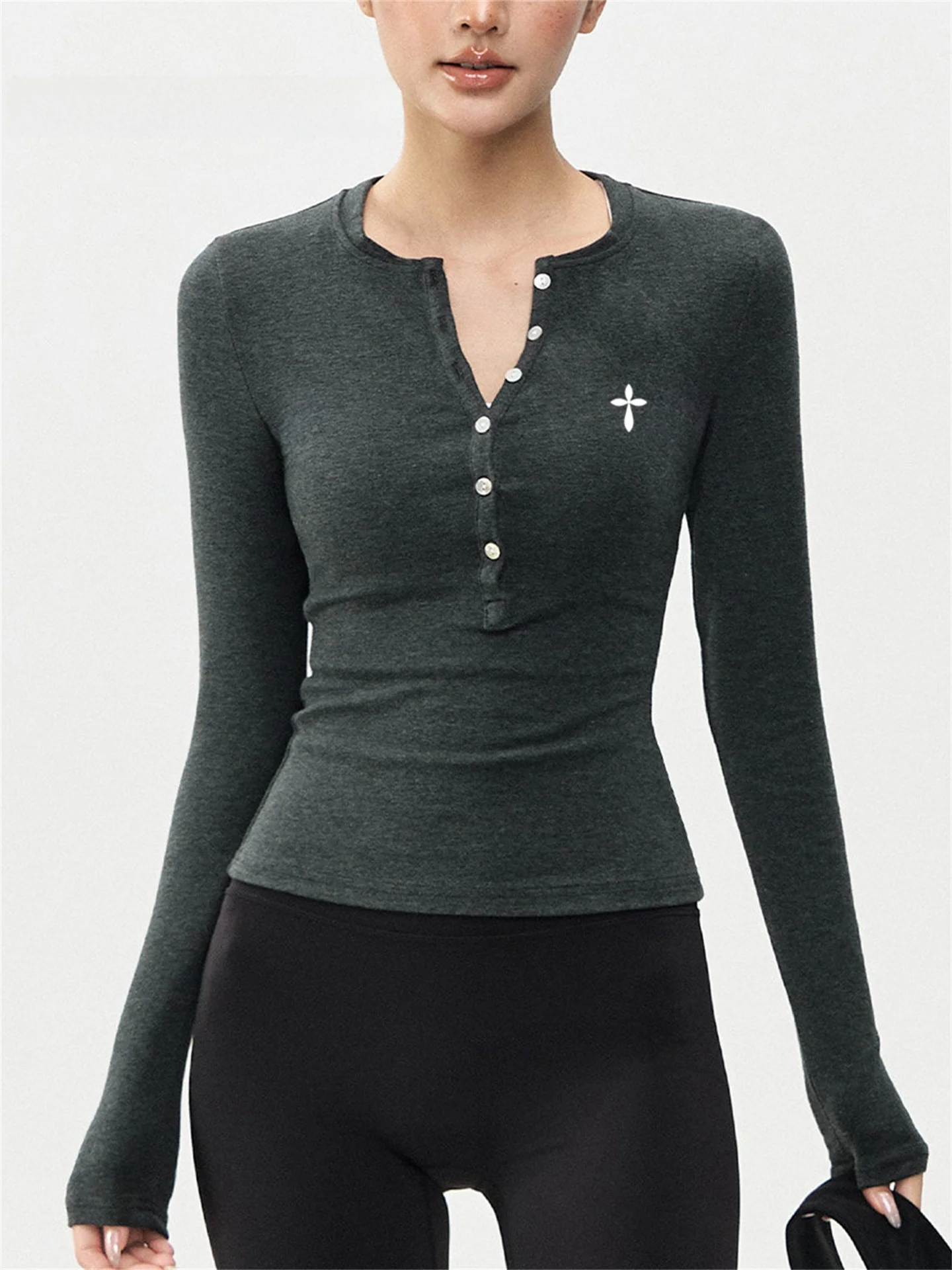 

VINTI ANS Women's Long Sve Yoga Fitn Sportswear Henry Collar Base Layer T-irt Spring Slimming Button up Top