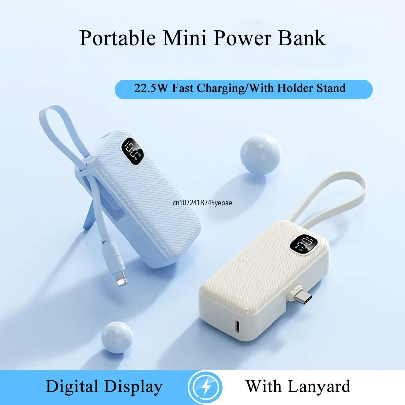5000mAh Mini Capsule Power Bank 22.5W Fast Charging Portable Charger with Type C Plug Cable for iPhone Samsung Xiaomi Powerbank