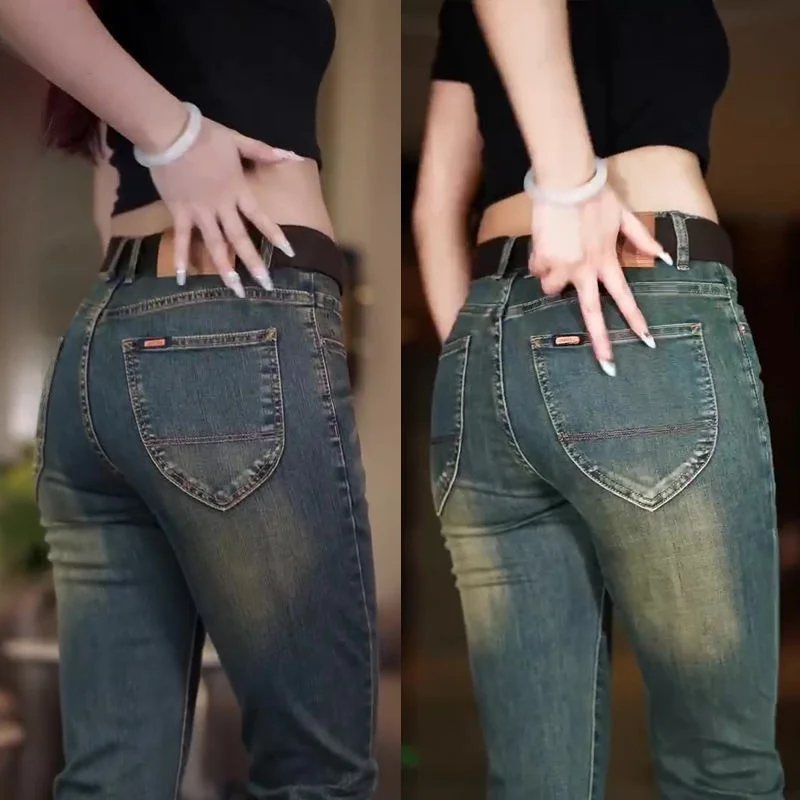 

Мужские джинсы прямого кроя Slim Fit, осень 2024, утолщенные, с вышивкой, эластичные, повседневные, длинные брюки, модные, всесезонные, джинсовые штаны