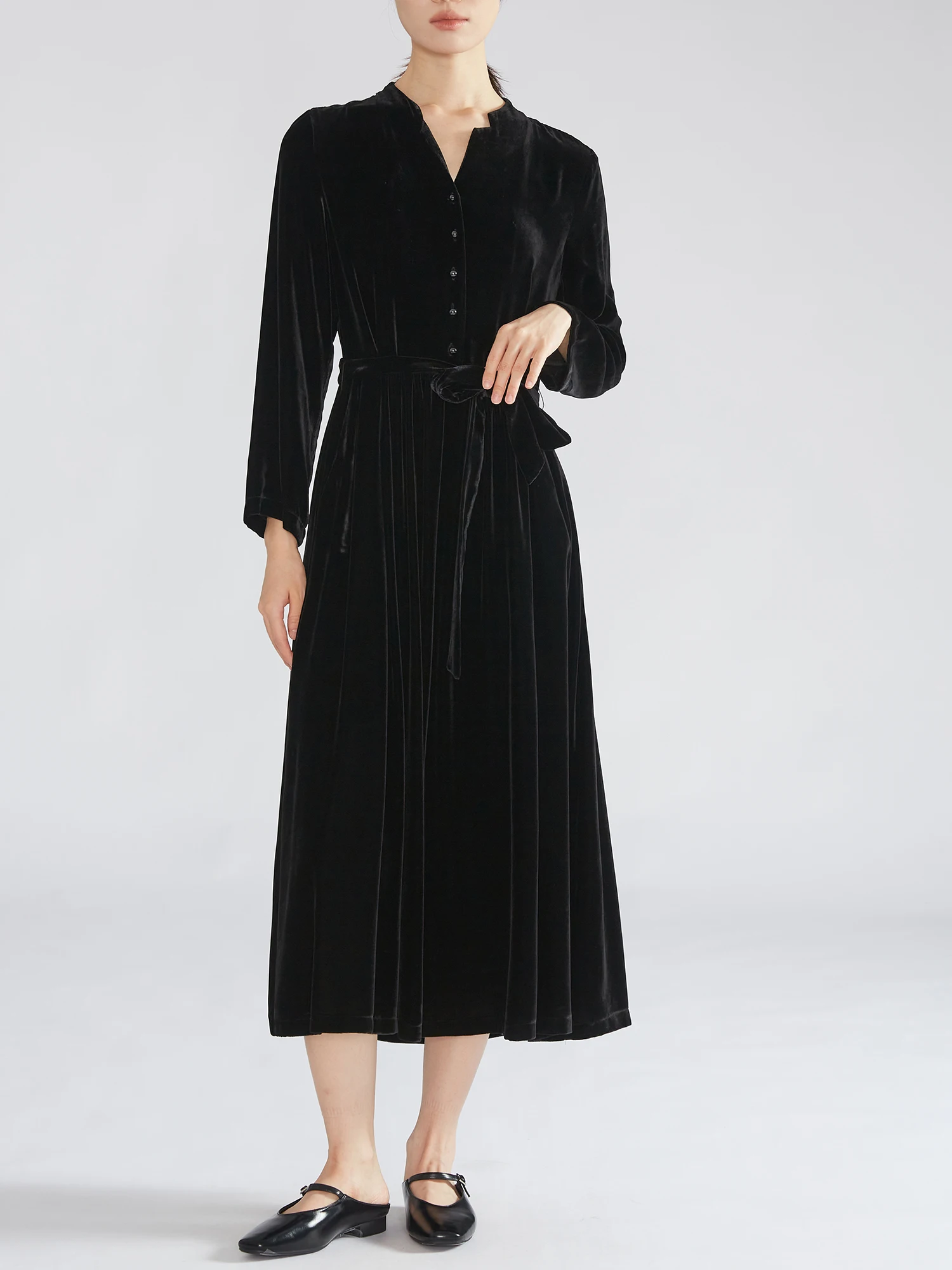 2025 moda feminina outono novo 16% natural amoreira seda veludo camisa estilo com decote em v manga longa vestido de cinto preto