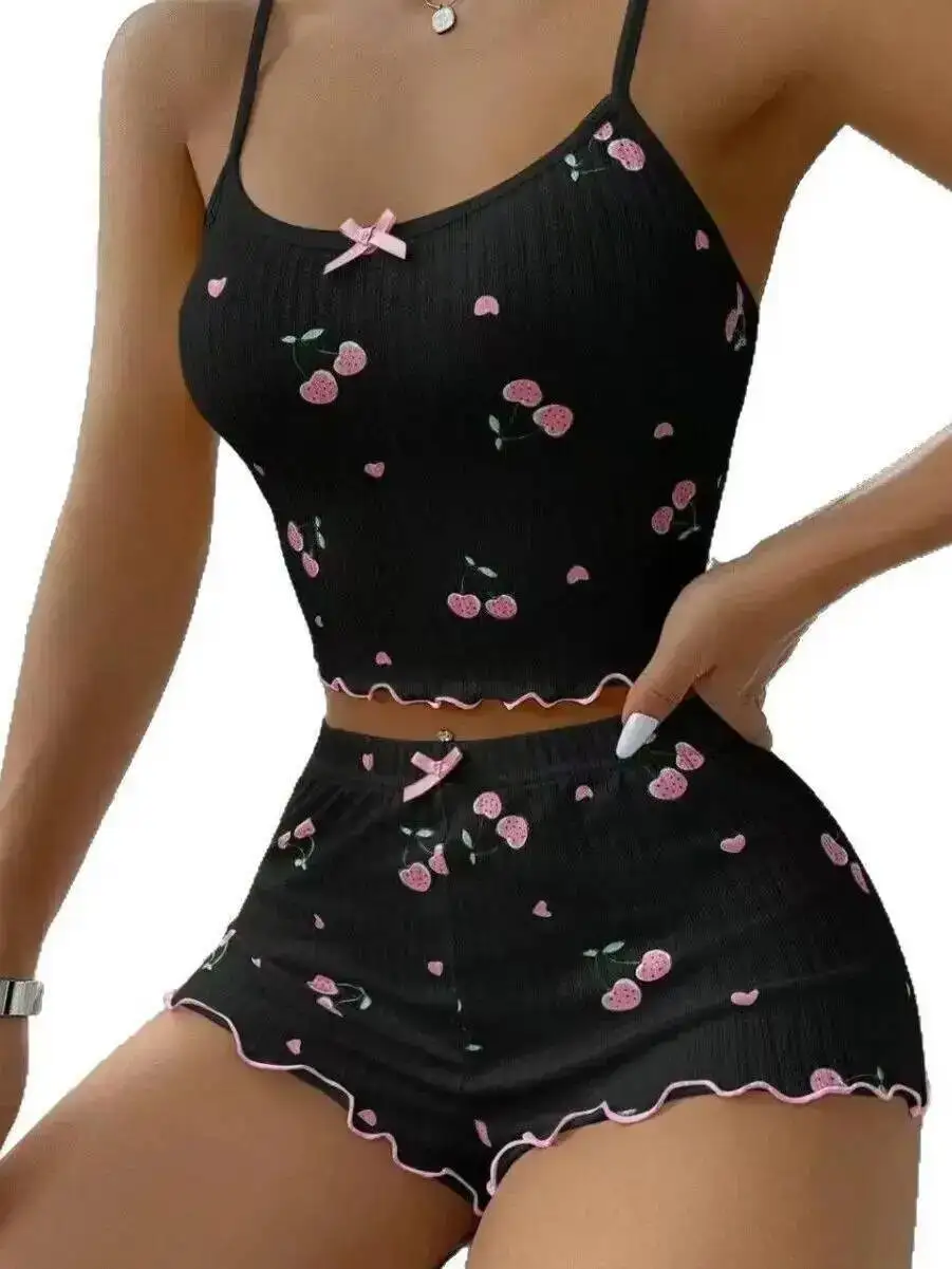 جديد الكرز طباعة السراويل النسائية بيجامة مجموعات Homewear عارية الذراعين العميق الخامس الحمالات أكمام الساحرة الرغبة النقية السراويل مجموعات BWL1