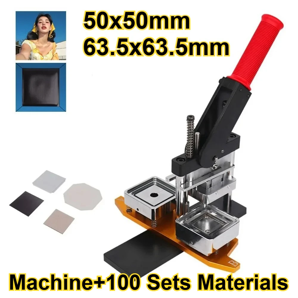 

Manual Rotating Fridge Magnet Making Machine 50x50mm/63.5x63.5mm Square Refrigerator Badge Press Machine with 100SETS Materials