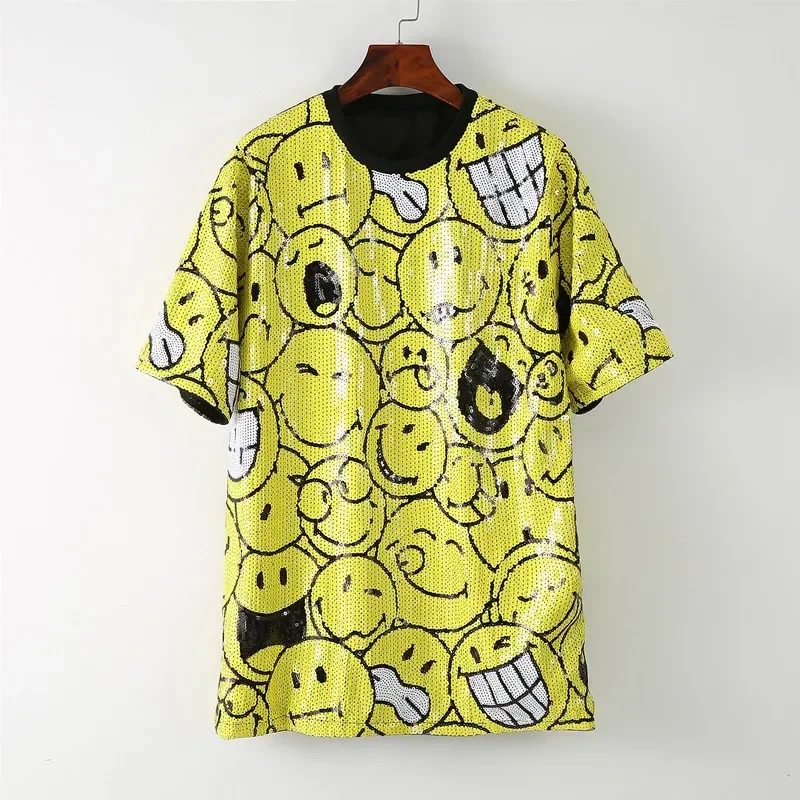 

Новая женская летняя свободная футболка с принтом и пайетками, модная уличная одежда, топы для ночного клуба в стиле хип-хоп