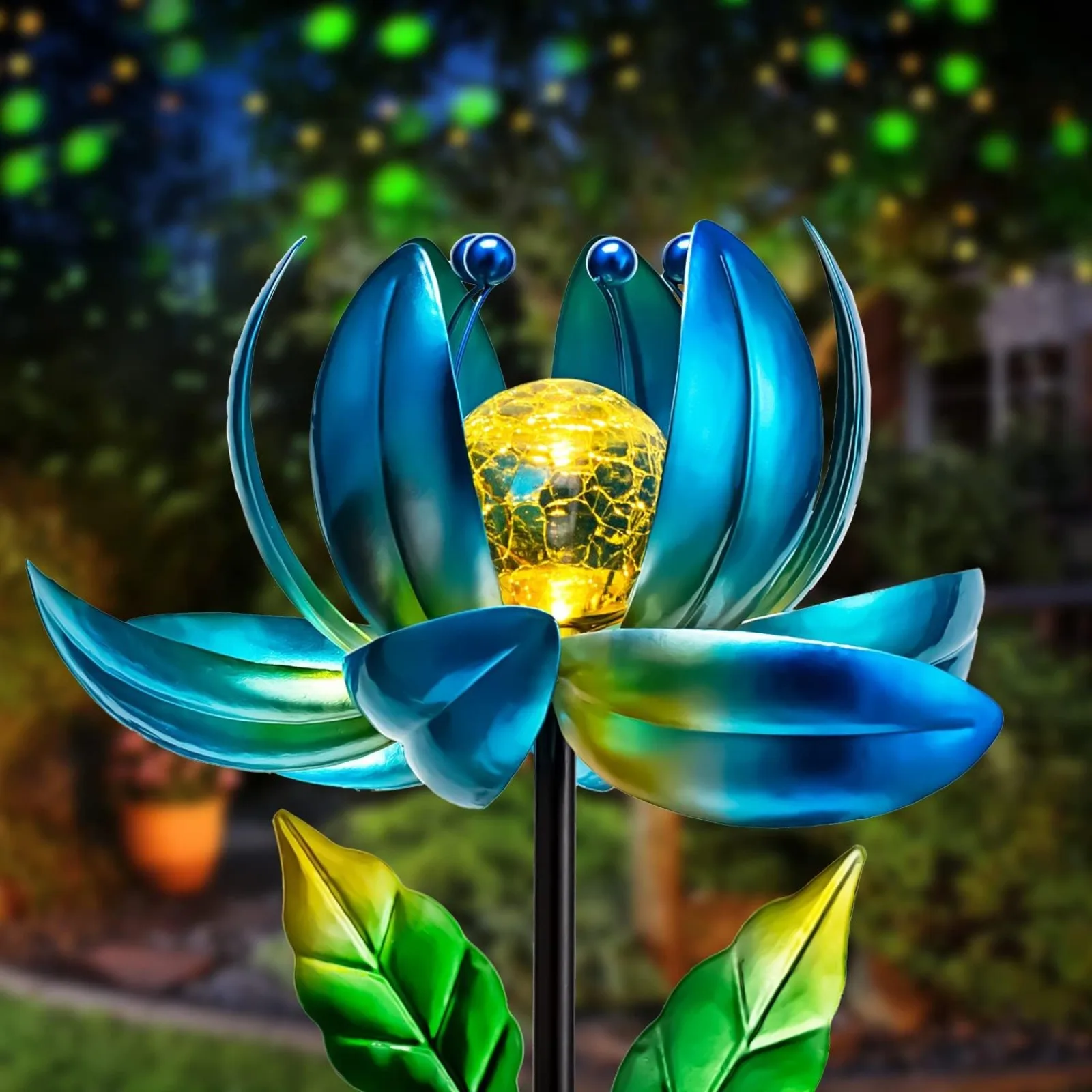 

US Solar Garden Lights Metal Flower Decor, Colorful Spinning Windmill Lotus Pathway Ligths with LED Cracked Crystal Ball Outdoor