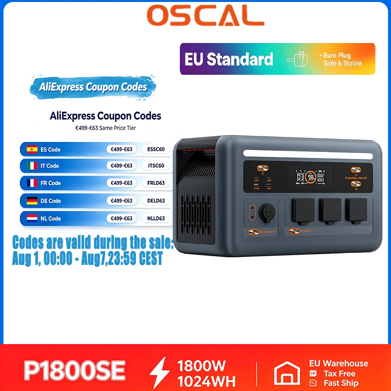 OSCAL PowerMax1800 SE Energiespeicher-Kraftwerk 1800W 1024WH Solar-Energiespeicher für Outdoor-Camping und mobile Heimnutzung