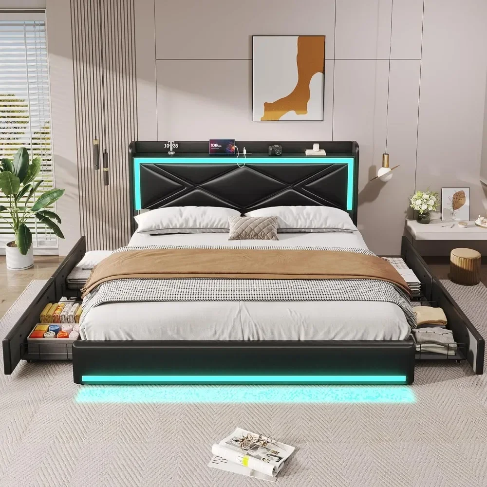 for King Size Bed Frame with Storage Drawers & LED Lights, Faux Leather Platform Bed with USB-C Charging Station, Bed Frame