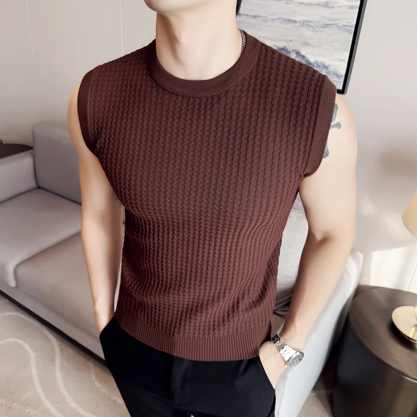 

2025 Autumn Winter Men's Sleeveless Vest Round Neck Casual Knitted Vest Fashion Versatile Slim Fit sweater Pullover Men Clothing