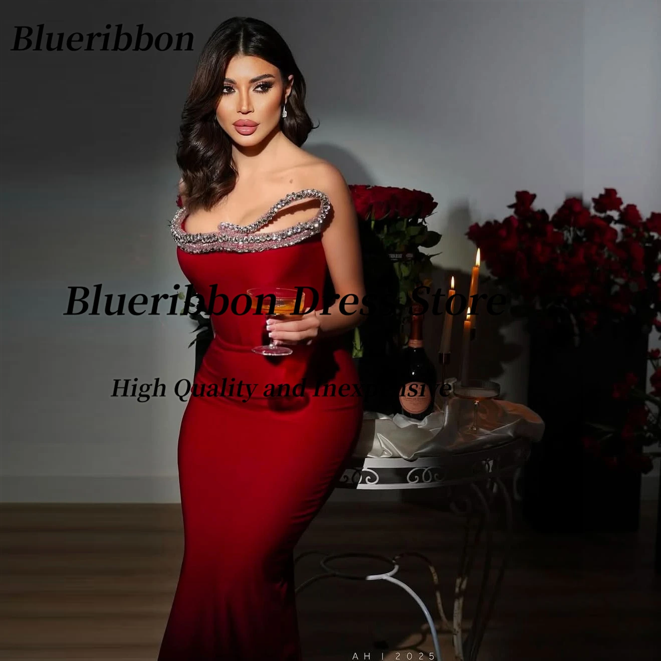 Blueribbon trem varredura sereia vestidos de baile sob medida miçangas sem alças vestidos des noches sexy voltar vestido de noite personalizado