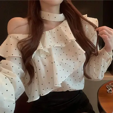 French Style Halter Neck Polka Dot Chiffon Shirts Woman Elegant Off Shoulder Ruffle Blouses Ladies Korean All-Match Trend Blusas