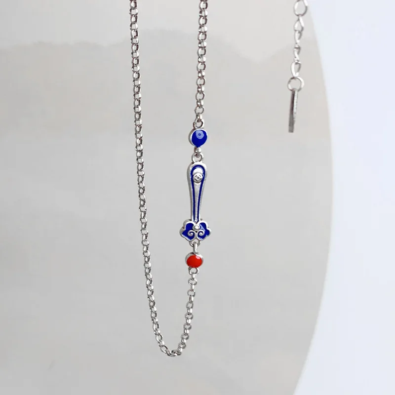 Chinese Style 925 Sterling Silver Foot Chain for Women Ethnic Simple Enamel Colorful Ruyi Shape Anklet Original Design Jewelry