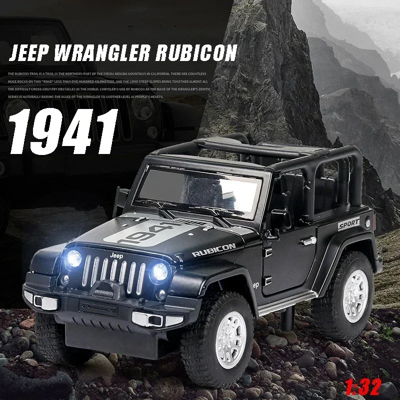 Jeep Wrangler Rubicon-modelo de coche de aleación de Metal fundido a presión, vehículos todoterreno, luz de sonido, juguete para niños, adorno de exhibición de moda, 1:32