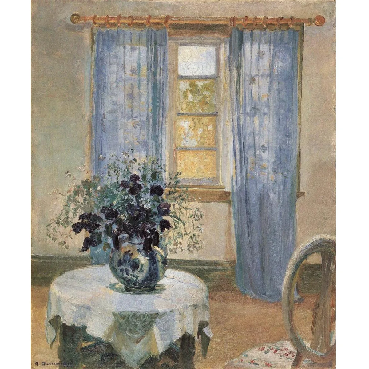 Anna Ancher paintings,Living Room with Lilac Curtins and Blue Clematis. Still life oil painting on canvas,paintings wall decor