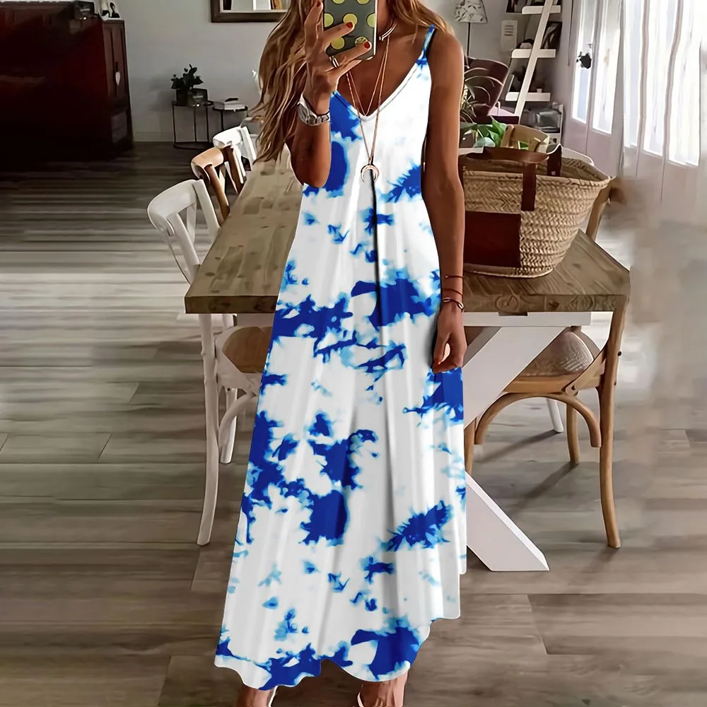 2024 Elegant Tie-dye Print Spaghetti Strap Maxi Dress Women's Sexy Sleevesless Beach Dress Famale Daily Casual Slip Long Skirt