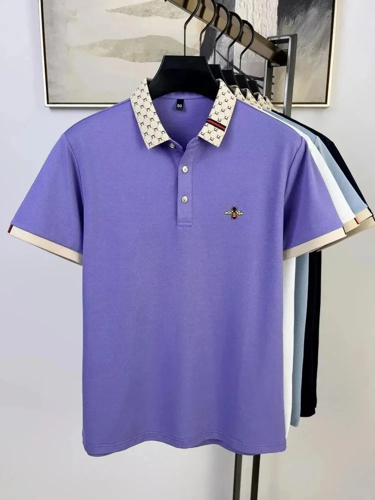 Leicht luxuriöses Marken-Poloshirt mit kurzen Ärmeln modische Bienen-Stickerei farblich abgesetzter Kragen T-Shirt Sommerneuheit lässige Herrenbekleidung – Detail 11