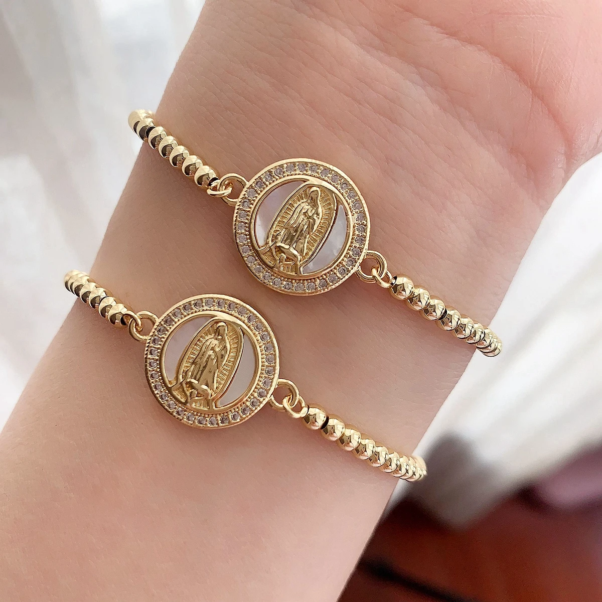 10PCS,Classic Virgin Mary Mother of Pearl Bracelets Women Crystal Bracelets Christian Adjustable Handmade Copper CZ Bead Jewelry