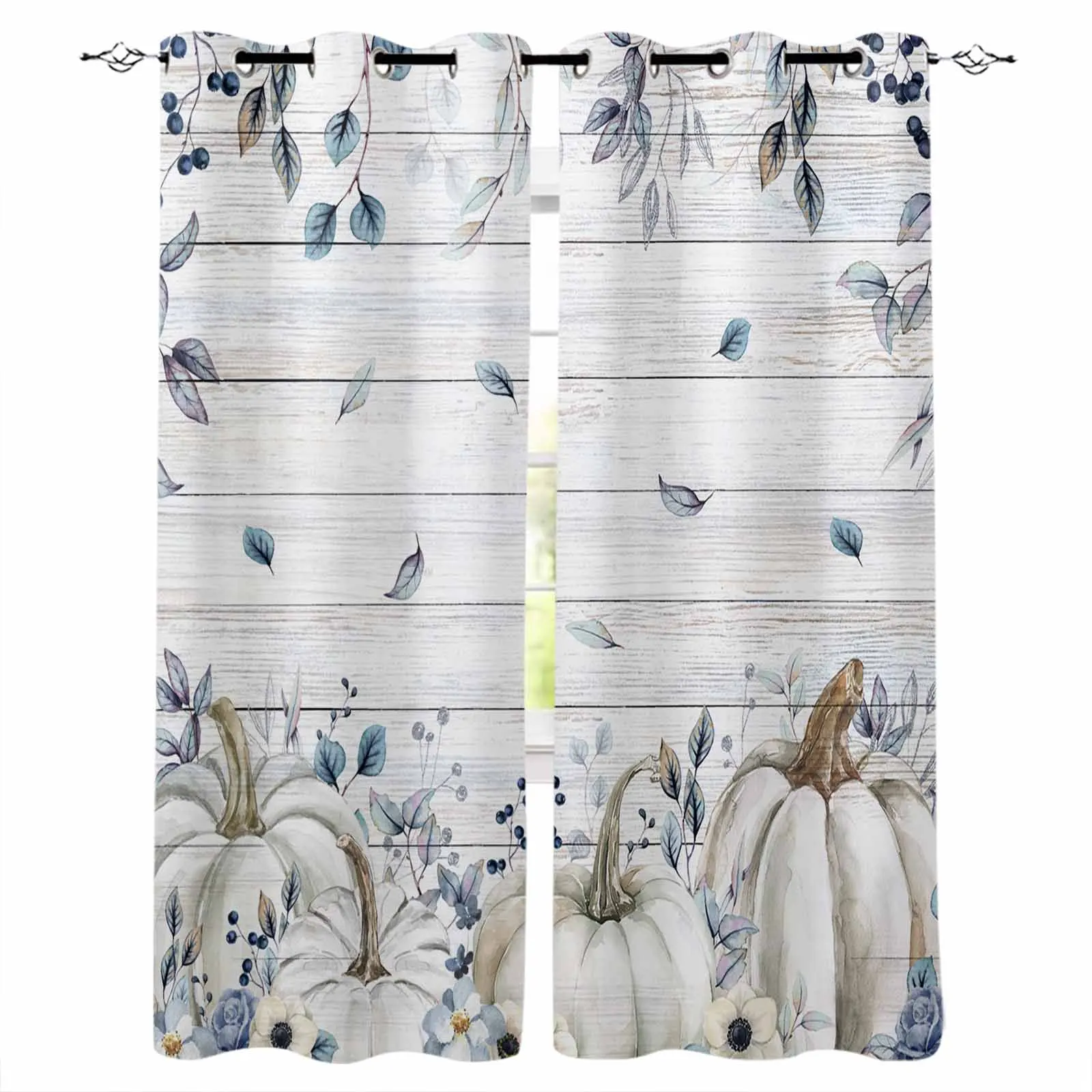 Thanksgiving Autumn Blue Leaves Curtains For Living Room Kids Bedroom Window Curtain Balcony Hall Drape Long Cortinas