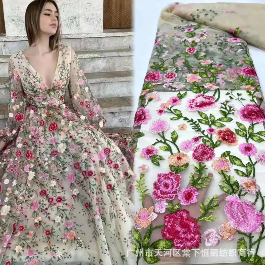 

Latest Design Fashion French Mesh Rose Mesh Embroidery Fabric, Autumn Plant Evening Dress Fabric, Clothing DIY Dress Surface