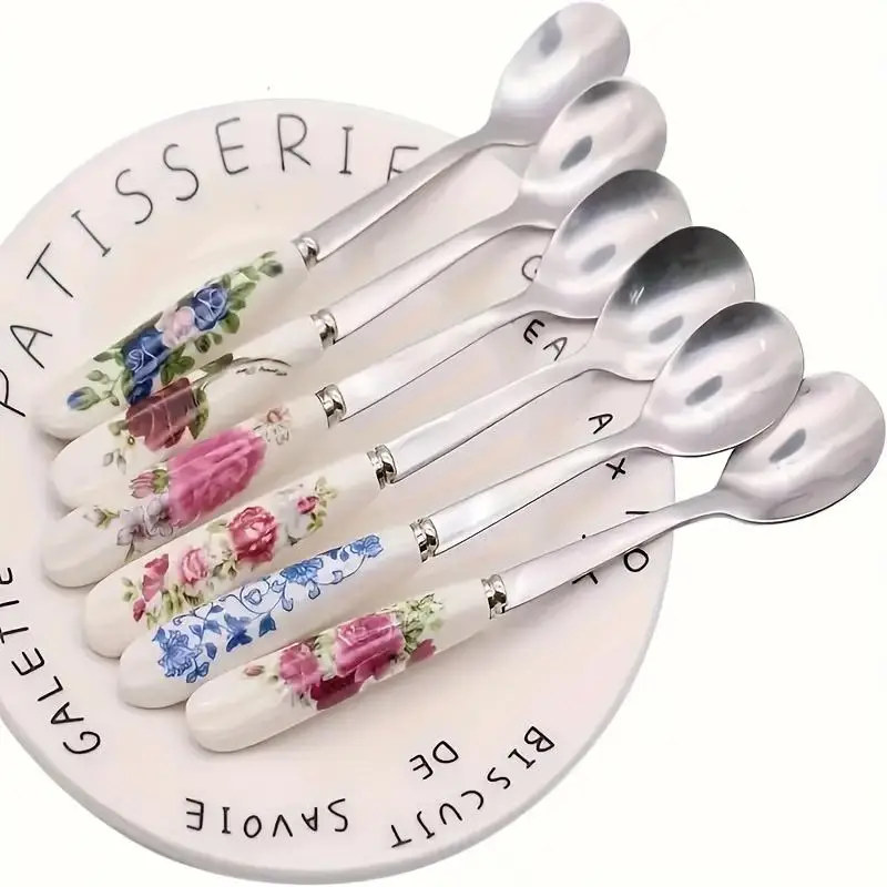 3 Counts/set Coffee Dessert Spoon, Stainless Steel Spoon with Flower Pattern Ceramic Handle, Household Kitchen Utensils for Use