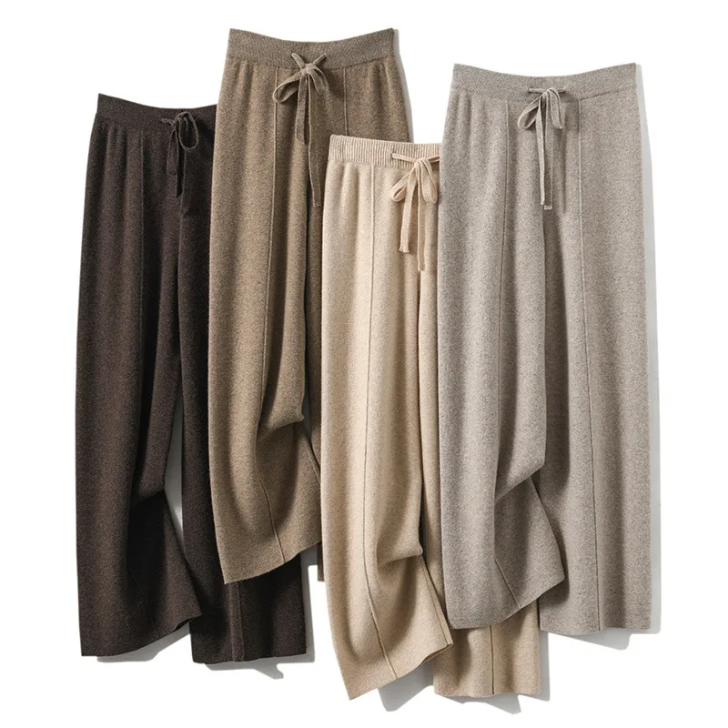 Luxury Cashmere Knit Wide Leg Pants Autumn and Winter Women's Fashion Loose Fit Plush Simple Casual Woolen Knit  Pants
