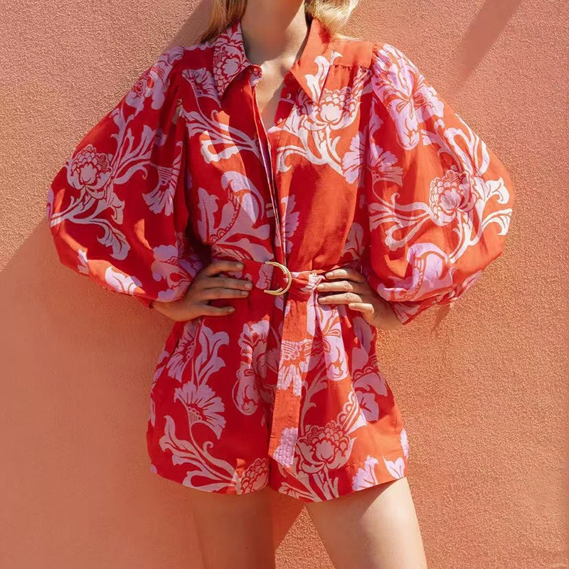 

2025 New Long Sleeve Lapel Shorts Romper Leisure Pattern Printed Loose Party Jumpsuits Bohemian Style Button Playsuits Overalls