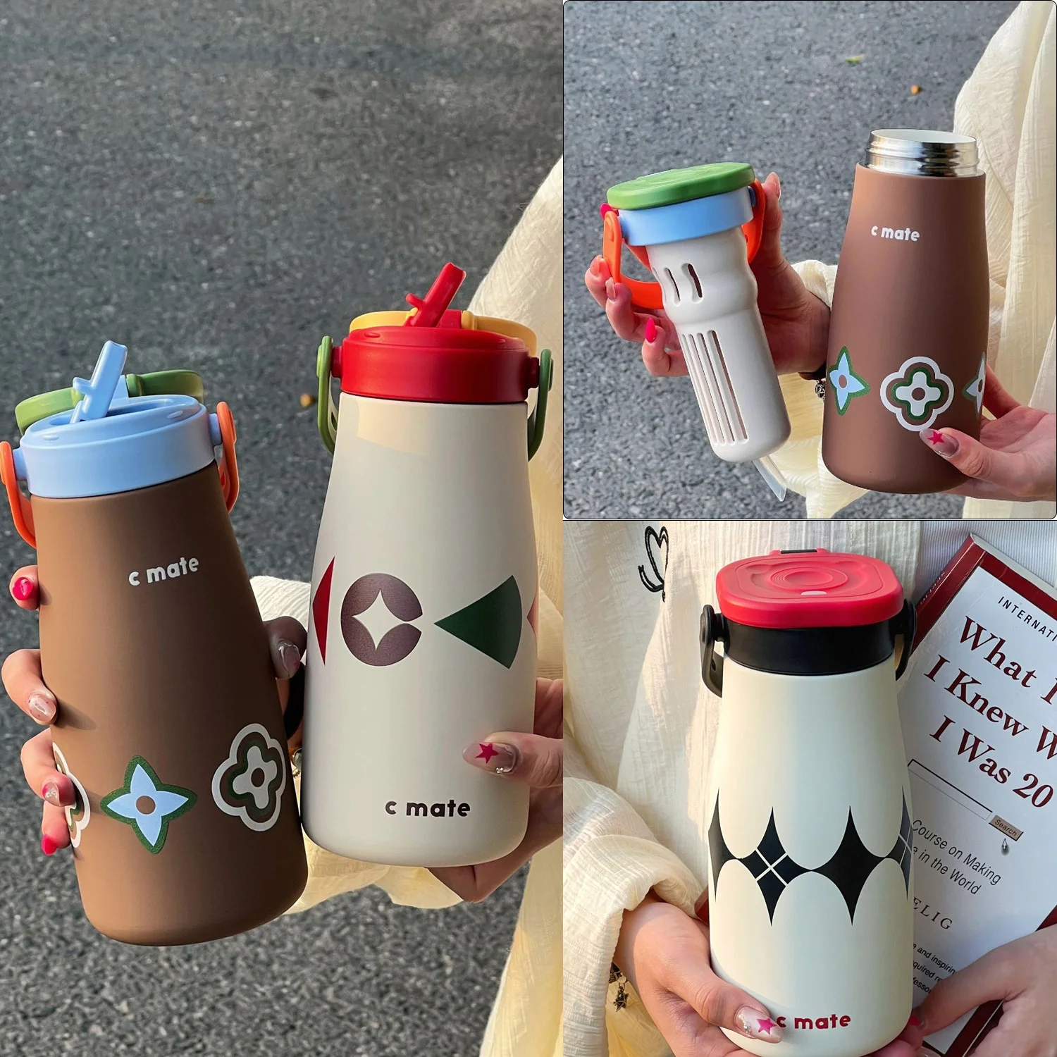 

Color blocked geometric milk cup, stainless steel insulated cup, portable handle cup, student double drinking cup