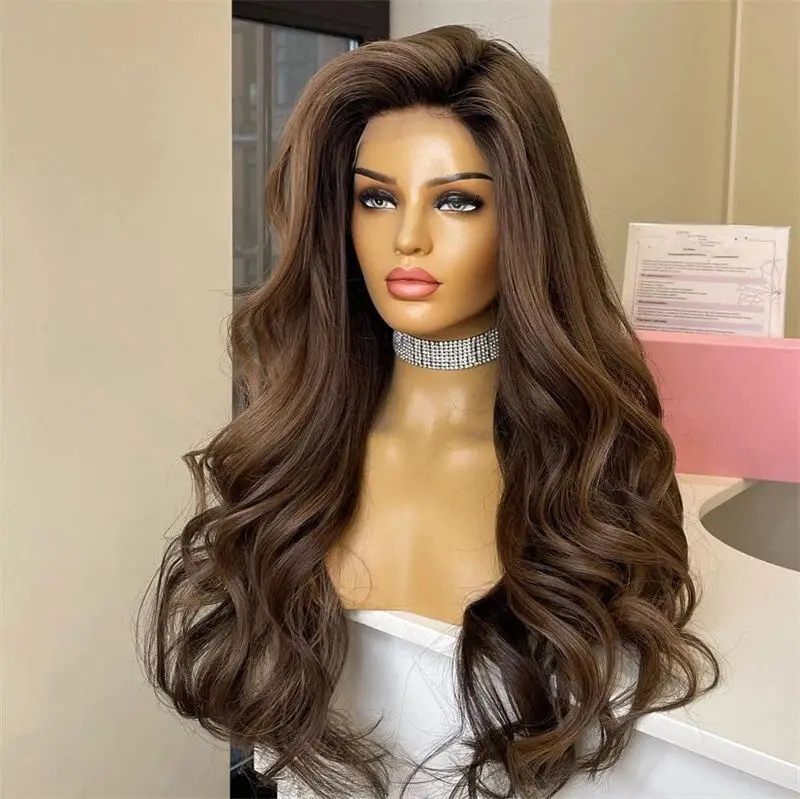 نمط جديد الشوكولاته براون الدانتيل الجبهة الباروكات فضفاضة موجة عميقة شعر مستعار للنساء عالية الكثافة مقاومة للحرارة الاصطناعية HD الدانتيل الباروكة #4