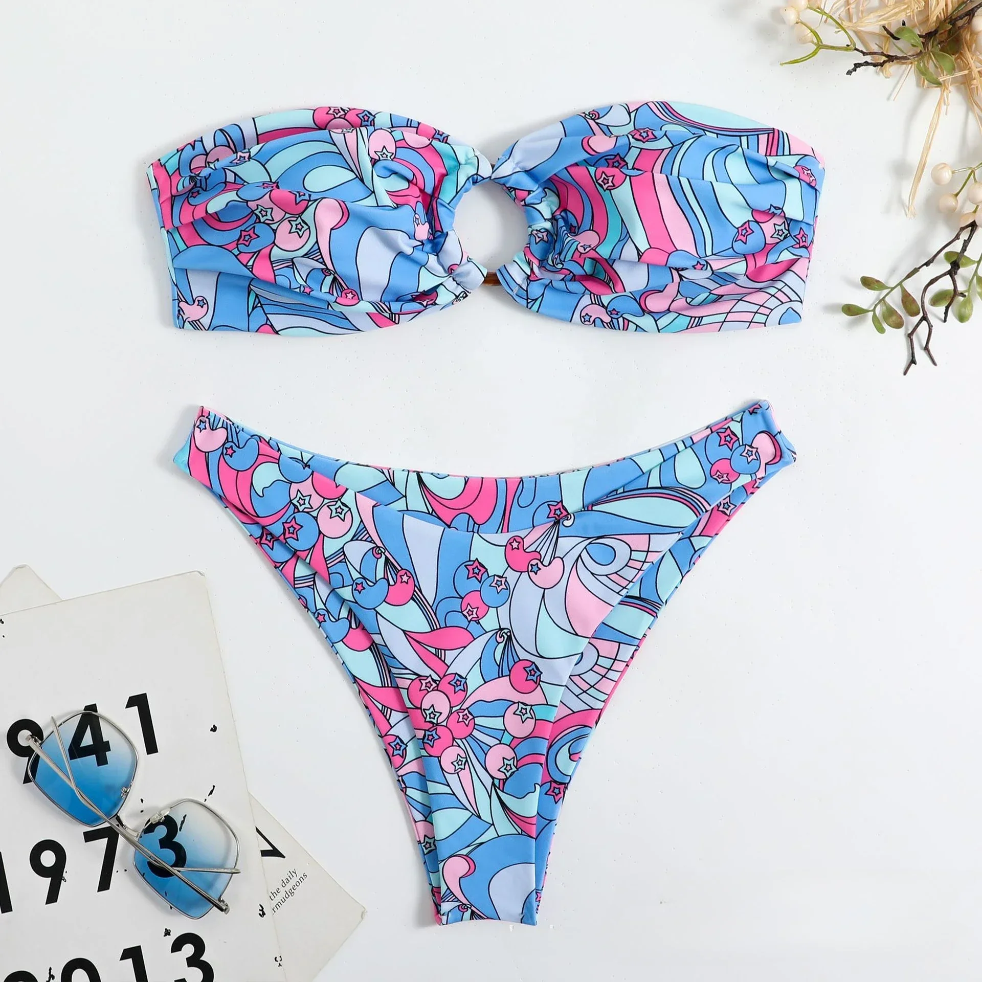 2024 New Strapless Bikini Women Double-sided Printing Swimsuit Sexy Hollow Out Ring Two-Piece Bathing Suit Thong Beach Swimwear