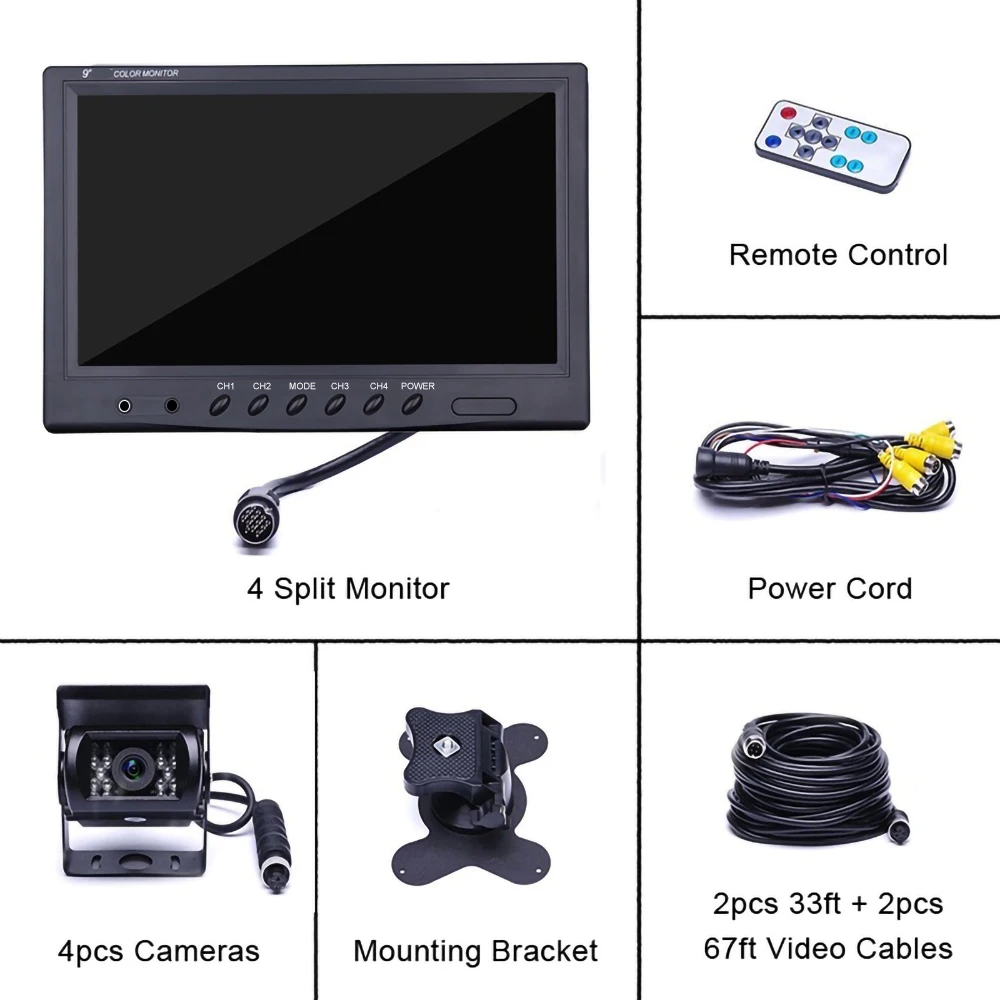 LeeKooLuu 9 "Backup Camera Auto Monitor Vier Divisie Split Screen Nachtzicht 4ch Recorder Video Achteruitrijcamera voor Vrachtwagen Bus